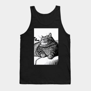 Fat Cat Lounging on the Couch, Black and White Tank Top